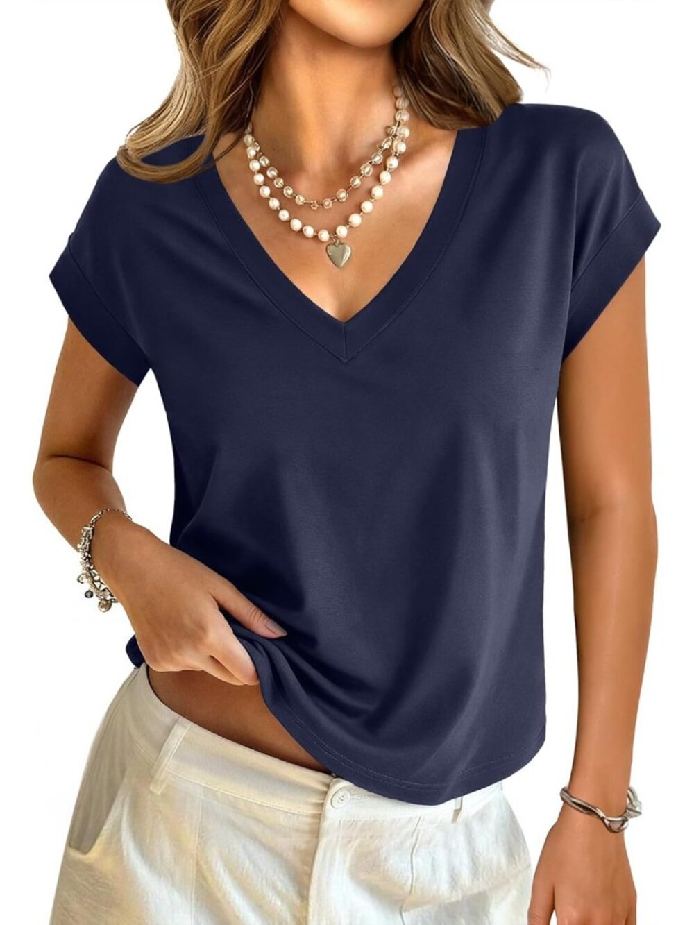 Women's Navy Short Sleeve Cotton V Neck Crop Tops Casual T Shirts Boxy